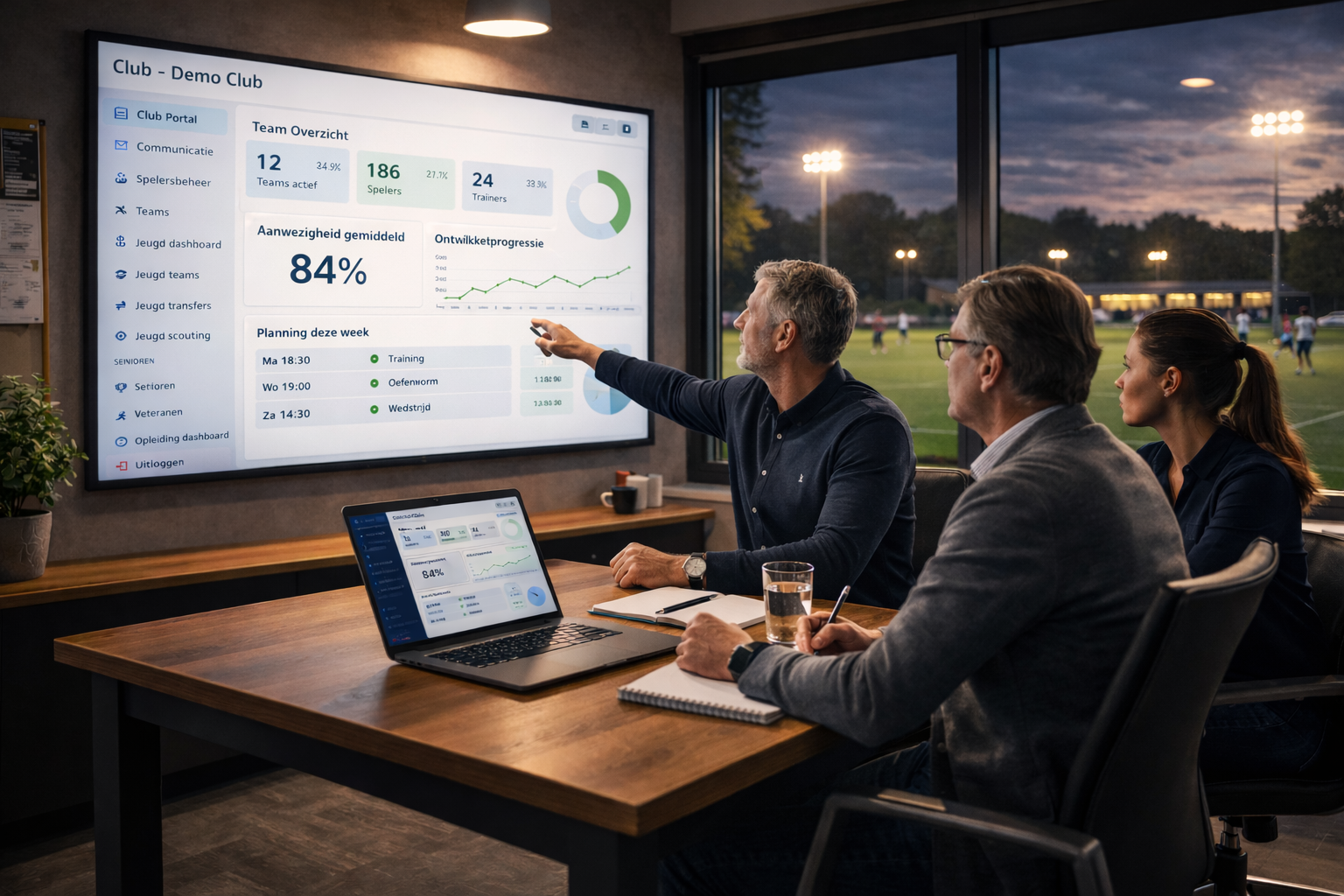 Bestuurskamer: cluboverleg met dashboard en planning