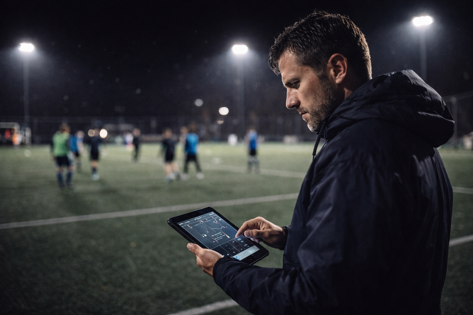 Trainer analyseert training op tablet langs het veld